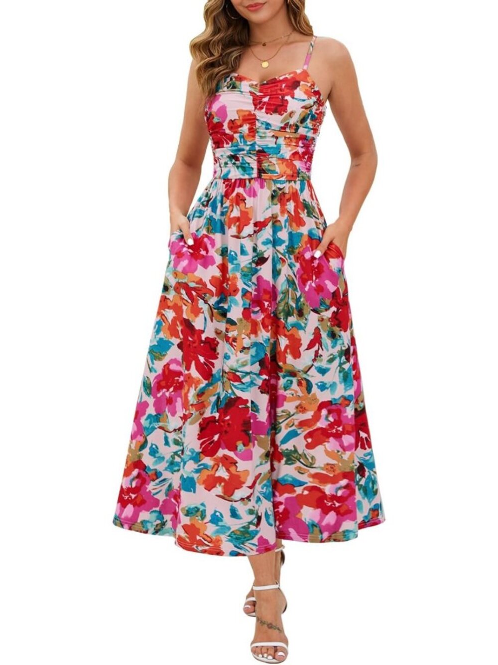 Summer Maxi Dress for Women | Adjustable Spaghetti Straps | Ruched Design, Sun